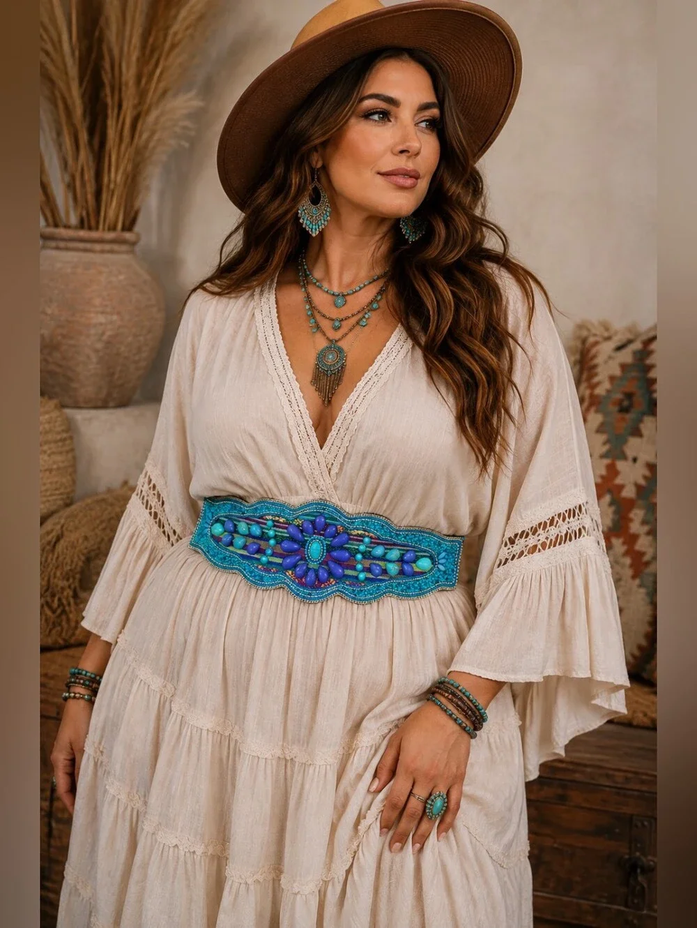 Boho Stone Hand Beaded Wide Stretch Waist Belt Snap Closure